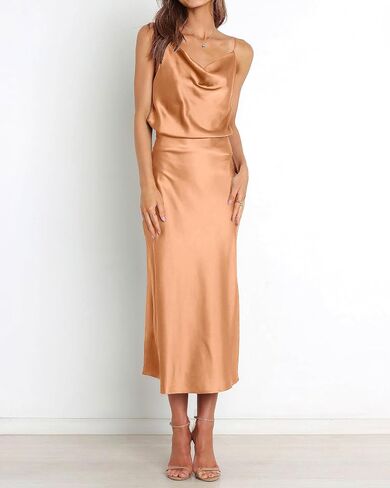 WICIWI Women's Satin Slip Dress 2024 Cowl Neck Spaghetti Straps Backless Sexy Wedding Club Cocktail Midi Bodycon Dresses in Saudi Arabia