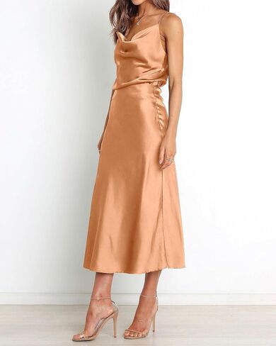 WICIWI Women's Satin Slip Dress 2024 Cowl Neck Spaghetti Straps Backless Sexy Wedding Club Cocktail Midi Bodycon Dresses in Saudi Arabia