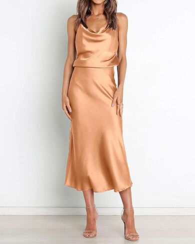 WICIWI Women's Satin Slip Dress 2024 Cowl Neck Spaghetti Straps Backless Sexy Wedding Club Cocktail Midi Bodycon Dresses in Saudi Arabia