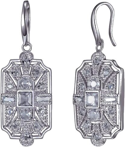 Silver Tone Geometric Classic Art Deco Flapper Antique Retro Style Wedding Bridal Prom Formal Gatsby Party Rhinestone Dangle Earrings in Kuwait