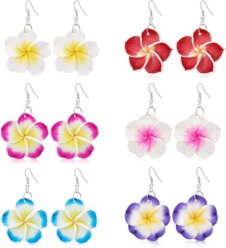 PHOGARY 6 Pairs Dangle Flower Earrings, Plumeria Earring Sets for Women Bohemian Tropical Style Floral Earrings Luau Hawaiian Vacation Beach Wedding Earrings in Saudi Arabia