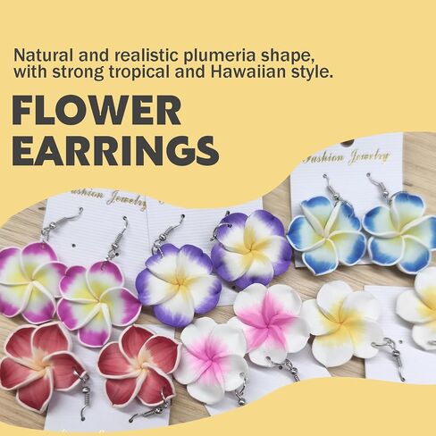 PHOGARY 6 Pairs Dangle Flower Earrings, Plumeria Earring Sets for Women Bohemian Tropical Style Floral Earrings Luau Hawaiian Vacation Beach Wedding Earrings in Saudi Arabia