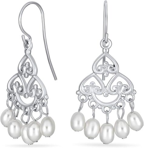 Bali Style White Freshwater Cultured Pearl Boho Filigree Dangle Chandelier Earrings For Women Teen .925 Sterling Silver in Saudi Arabia