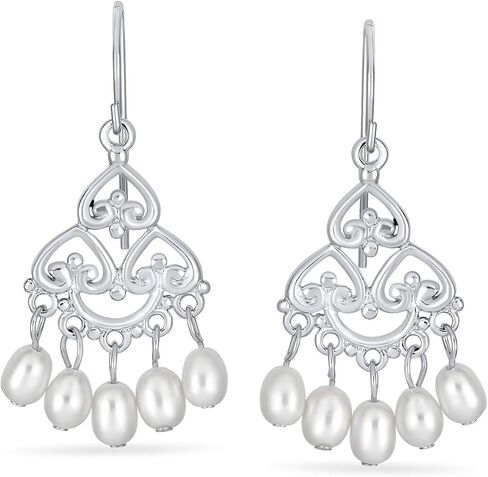 Bali Style White Freshwater Cultured Pearl Boho Filigree Dangle Chandelier Earrings For Women Teen .925 Sterling Silver in Saudi Arabia
