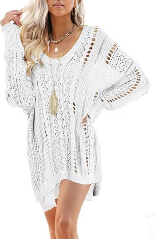 سترات نسائية منسوجة من الكروشيه بياقة دائرية، بلوفر كبير الحجم ومنخفض وفضفاض مجوف للتغطية in Kuwait