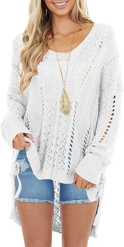 سترات نسائية منسوجة من الكروشيه بياقة دائرية، بلوفر كبير الحجم ومنخفض وفضفاض مجوف للتغطية in Kuwait