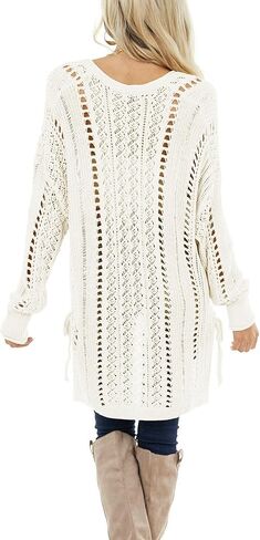 سترات نسائية منسوجة من الكروشيه بياقة دائرية، بلوفر كبير الحجم ومنخفض وفضفاض مجوف للتغطية in Kuwait