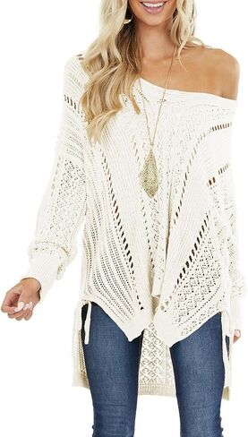 سترات نسائية منسوجة من الكروشيه بياقة دائرية، بلوفر كبير الحجم ومنخفض وفضفاض مجوف للتغطية in Kuwait