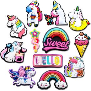 12Pcs Unicorn Shoe Charms for Clog Sandals, Cute Rainbow Decoration Charms for Girl Party Favor