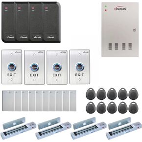 Visionis FPC-6203 Four Doors Access Control, Outswing Door 300lbs Electromagnetic Lock Controller Box, Indoor/Outdoor Card Reader + Software Included + 20,000 Users Kit
