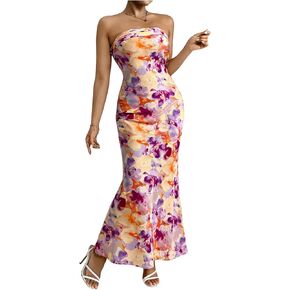 OYOANGLE Women's Floral Print Sleeveless Strapless Draped Backless Bodycon Summer Maxi Tube Dress