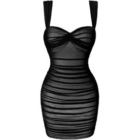 LAGSHIAN Women's Summer Sexy Bodycon Sleeveless Tank Straps Mesh Ruched Mini Party Dress