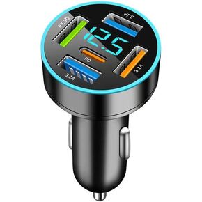 66W Car Charger Adapter 5 Port USB Car Charger PD 30W QC3.0 3.1A Car Cigarette Lighter USB Charger with LED Voltmeter Fast Car Charger Compatible with iPhone iPad Samsung