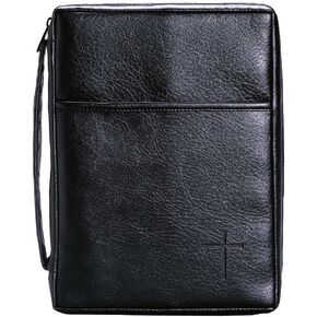 Soft Black Embossed Cross with Front Pocket Leather Look Bible Cover with Handle, X-Large