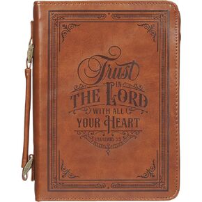 Christian Art Gifts Classic Vegan Leather Bible Cover for Men & Women: Trust in The Lord Inspirational Bible Verse, Sturdy Easy Carry Book Case, Pen Loops, Pockets, Accessory Storage, Brown, Medium
