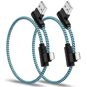سلك شاحن iPhone قصير، 2 حزمة 1FT USB A إلى كابل Lightning 90 درجة كابل iPhone قصير مضفر من النايلون شحن سريع لـ iPhone 14/13/12/11 Pro Max/XS/XR/X/8/7/iPad - أزرق أسود
