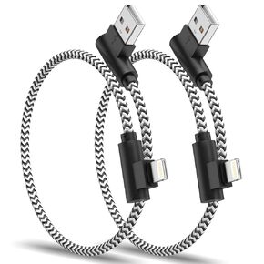 Short iPhone Charger Cord, 2 Pack 1FT USB A to Lightning Cable 90 Degree Nylon Braided Short iPhone Cable Fast Charging for iPhone 14/13/12/11 Pro Max/XS/XR/X/8/7/iPad - Blue Black