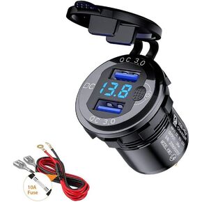 3.0 USB Quick Charger Socket, 12V/24V Dual USB Charger Socket with Switch On/Off and Waterproof LED Digital Voltemeter for Marine, Boat, Motorcycle, Truck and More (Blue)