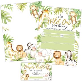 Your Main Event Prints Jungle Baby Shower Invitations, Safari Elephant, Giraffe, Lion and Monkey Baby Shower Invites with Diaper Raffles Cards, Sprinkle, 20 Invites Including Envelopes