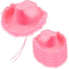 6 Pack Pink Cowboy Hat Adult Western Cowboy Cowgirl Hat with Feather for Women Bachelorette Party Dress Up Costume Accessories
