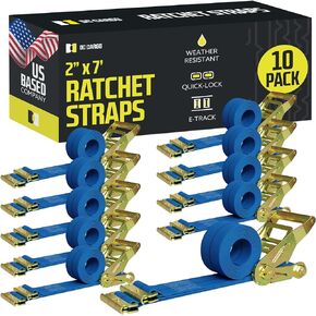 E Track Ratchet Straps Cargo Tie-Downs, (Pack of 10) 2 x 7 Heavy Duty Blue Tie-Down Rachet Straps, Strong Ratchet Strap, E Track Spring Fittings, Tie Down Motorcycle