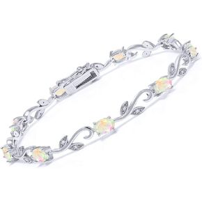 Gem Stone King 925 Sterling Silver Oval White Ethiopian Opal and White Diamond Tennis Bracelet For Women | 2.83 Cttw | Gemstone Birthstone | 7 Inch