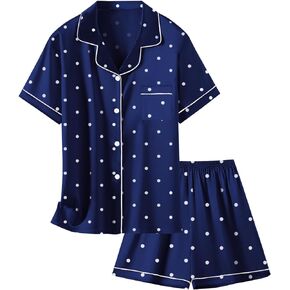 Schbbbta Girls Satin Pajamas Set Short Sleeve Button Down Silk Sleepwear 2 Piece Lounge Sets, Navy Dots, 11-12 Years = Tag 160