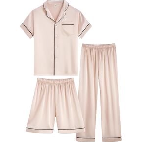Girls Boys Silky Satin Pajamas Set 3 Pcs for Kid Children Silk pjs Set Sleepwear Button-up Nightwear