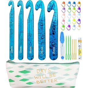 Weabetfu 5 Large Crochet Hook,25mm 20mm 18mm 15mm 12mm Size Crochet Hook, Large Crochet Hook for Chunky Yarn,24PCS Big Crochet Hook,10mm-25mm Crochet Hook with Case(Blue)