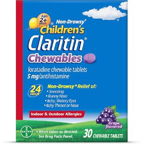 Children's Claritin Chewables 24 Hour Allergy Relief, Non Drowsy Kids Allergy Medicine, Grape Antihistamine Chewable Tablets, 30 Count