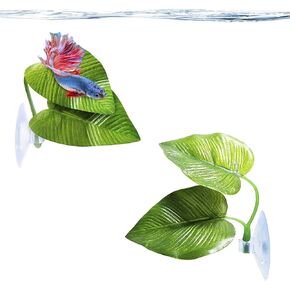 SunGrow Betta Fish Leaf Hammock, Twin Leaf Design with Suction Cup, 2-Pack - Comfortable Resting, Breathing & Breeding Pads, Easy Install, Simulates Natural Habitat for Healthier Betta