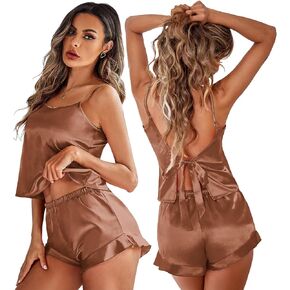 Ekouaer Womens Pajamas Set 2 Piece Satin Sleepwear Lingerie Soft Silk Pjs Cami Top and Shorts Sleep Camisole Nightwear