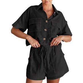 Imily Bela Women's 2 Piece Outfits Sets Summer Button Down Shirts and Shorts Pajama Sets Casual Loungewear with Pockets