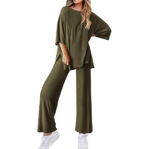 KIRUNDO Womens 2 Piece Outfits Lounge Set 2024 Casual Loose Short Sleeve Knit Pullover Tops and Wide Leg Pants Tracksuits