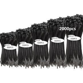 2000 PCS Zip Ties Assorted Sizes 4+6+8+10+12 Inch Self-locking Nylon Cable ties Heavy Duty Outdoor, UV Resistant Wire Straps for Home Office Garden Workshop Indoor Outdoor Fence(Black)