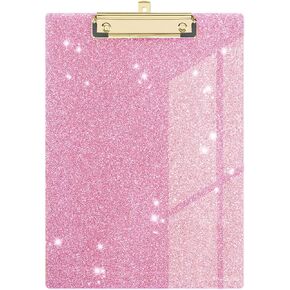 Glitter Acrylic Clipboard Decorative Standard A4 Letter Size 12.2" x 8.7", Fashion Bling Clip Boards with Designed Low Profile Gold Clip for Classroom Office - Warm Pink