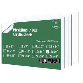 Clear Acrylic Plexiglass Sheet 12x16 Thin Clear Plastic Sheets Perfect for Poster Frame Plastic Replacement, Craft, Glass Painting, Signs and More (6 Pack)