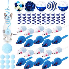 46 Pcs Cat Toys Set Interactive Cat Toys Include Fur Mice Rattle Cat Springs Crinkle Balls Pompom Bell Sisal Ball Puzzle Chase Toys Assorted for Gift Indoor Kitten(Pink)
