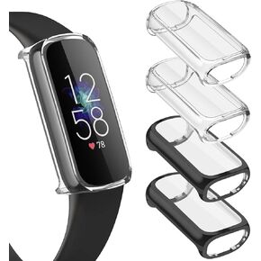 متوافق مع حافظة واقي الشاشة Fitbit Luxe، [4 عبوات] غطاء حماية كامل من مادة TPU الناعمة لملحقات الساعة الذكية Fitbit Luxe (أسود + فضي + وردي ذهبي + وردي)