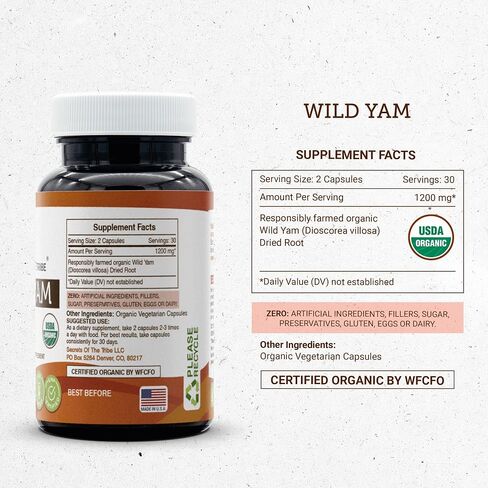 Secrets of the Tribe Wild Yam Capsules 1200 mg Responsibly farmed USDA Organic Wild Yam (Dioscorea Villosa) Dried Root, Hormone Support Supplement (2x120 Capsules) in Saudi Arabia