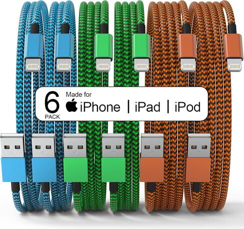 6 Pack [Apple MFi Certified] 3/3/6/6/10/10 FT iPhone Charger Colorful Nylon Lightning Cable Compatible iPhone 13 mini/13/12/11 Pro Max/XS MAX/XR/XS/X/8/7/Plus/6S/6/SE/5S/iPad in Saudi Arabia