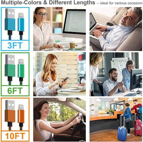 6 Pack [Apple MFi Certified] 3/3/6/6/10/10 FT iPhone Charger Colorful Nylon Lightning Cable Compatible iPhone 13 mini/13/12/11 Pro Max/XS MAX/XR/XS/X/8/7/Plus/6S/6/SE/5S/iPad in Saudi Arabia
