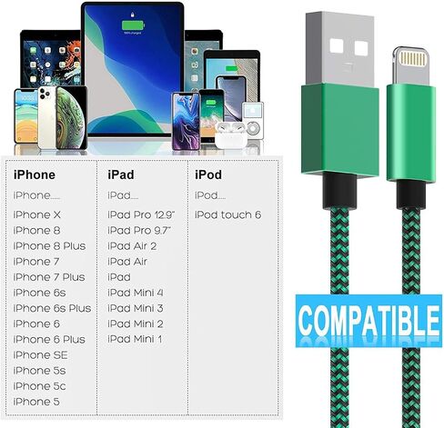 6 Pack [Apple MFi Certified] 3/3/6/6/10/10 FT iPhone Charger Colorful Nylon Lightning Cable Compatible iPhone 13 mini/13/12/11 Pro Max/XS MAX/XR/XS/X/8/7/Plus/6S/6/SE/5S/iPad in Saudi Arabia