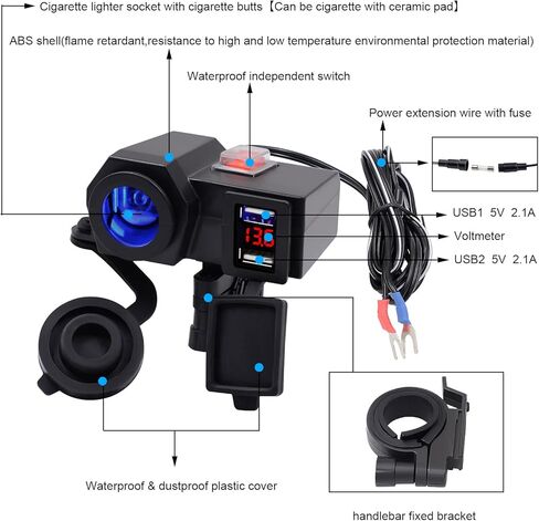BlueFire® 5V/2.1A مقبس شاحن USB مزدوج مقاوم للماء للدراجات النارية المقود المشبك محول الطاقة شاحن USB نظام الشحن مع مقبس ولاعة السجائر وفولتميتر للهواتف/الأجهزة اللوحية/نظام تحديد المواقع in Kuwait