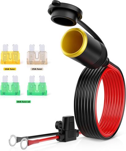 Cigarette Lighter Adapter 8ft Car Cigarette Lighter Socket with Extension Lead 0.33" Ring Eyelet Terminals Cable 12V/24V, Power Cord with Inline Blade Fuse 30A/25A/20A, Power for Tire Pump in Saudi Arabia