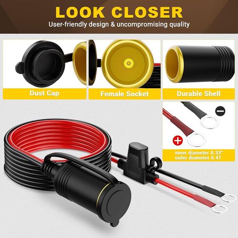 Cigarette Lighter Adapter 8ft Car Cigarette Lighter Socket with Extension Lead 0.33" Ring Eyelet Terminals Cable 12V/24V, Power Cord with Inline Blade Fuse 30A/25A/20A, Power for Tire Pump in Saudi Arabia