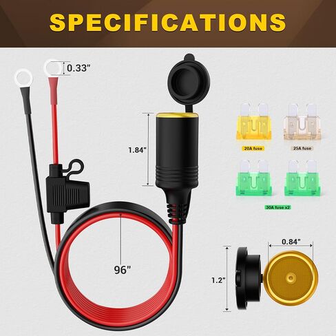 Cigarette Lighter Adapter 8ft Car Cigarette Lighter Socket with Extension Lead 0.33" Ring Eyelet Terminals Cable 12V/24V, Power Cord with Inline Blade Fuse 30A/25A/20A, Power for Tire Pump in Saudi Arabia