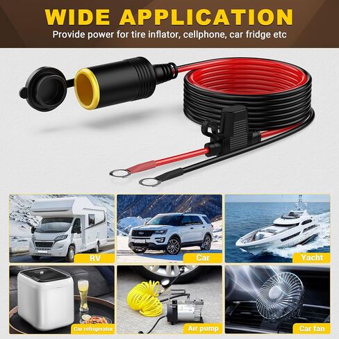 Cigarette Lighter Adapter 8ft Car Cigarette Lighter Socket with Extension Lead 0.33" Ring Eyelet Terminals Cable 12V/24V, Power Cord with Inline Blade Fuse 30A/25A/20A, Power for Tire Pump in Saudi Arabia