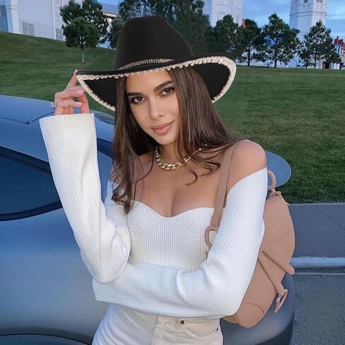 قبعة رعاة البقر من حجر الراين للنساء ذات حافة واسعة من الألماس اللامع قبعة رعاة البقر الغربية in Kuwait