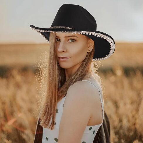 قبعة رعاة البقر من حجر الراين للنساء ذات حافة واسعة من الألماس اللامع قبعة رعاة البقر الغربية in Kuwait